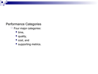 Performance Categories
 Four major categories:
 time,
 quality,
 cost, and
 supporting metrics.
 