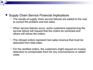  Supply Chain Service Financial Implications
 The results of supply chain service failures are added to the cost
to correct the problem and lost sales.
 When service failures occur, some customers experiencing the
service failure will request that the orders be corrected and
others will refuse the orders.
 The refused orders represent lost sales revenue that must be
deducted from total sales.
 For the rectified orders, the customers might request an invoice
deduction to compensate them for any inconvenience or added
costs.
 