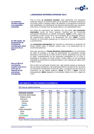 1.ESCENARIO ENTORNO EXTERIOR 2014

La economía
mundial registra
una expansión
contenida

EL FMI rebaja las
perspectivas de
crecimiento
mundial para 2013
que será de un
2,9%

Tras la crisis, la economía mundial, está registrando una expansión
contenida gracias al mantenimiento de las políticas monetarias expansivas
en Europa, Japón y Estados Unidos. No obstante, la recuperación económica
está supeditada a la implantación de reformas estructurales que resuelvan,
entre otros, el elevado nivel de Deuda Pública y la sostenibilidad fiscal.
Los ritmos de crecimiento son distintos. Por una parte, las economías
avanzadas crecen de forma gradual, mientras que las economías
emergentes desaceleran su notable crecimiento. Japón (+2%), supera las
previsiones y crece a buen ritmo, por la fortaleza de su demanda interna y
las exportaciones gracias a la devaluación del yen. EEUU (+1,6%)
mantiene su crecimiento apoyado por el consumo, la inversión inmobiliaria
y exportaciones.
Las economías emergentes han reducido el crecimiento (a excepción de
China) debido tanto a factores cíclicos como a la disminución de su
crecimiento potencial.
Ante esta coyuntura, el Fondo Monetario Internacional en sus previsiones
de otoño ha revisado a la baja sus estimaciones. El crecimiento mundial
estimado en 2013 será de un 2,9% (3,2% en 2012), destacando una vez más
el mejor comportamiento de las economías emergentes en un 4,5% y
situándose a la cabeza con China (7,6%) e India (3,8%). En las economías
avanzadas el crecimiento se moderará hasta el 1,2%, liderado por Japón (2%)
y EEUU (1,6%).

Para el 2014 el
crecimiento
mundial será de un
3,6% por el
repunte de las
economías
emergentes

Para el 2014 el crecimiento previsto será algo superior gracias al repunte de
las economías emergentes y de la demanda externa. De esta forma, se estima
un crecimiento mundial para el 2014 del 3,6%, y se basará una vez más en el
crecimiento de los países asiáticos, China (+7,3%) e India (+5,1%)
principalmente. EEUU registrará un crecimiento cifrado en el 2% y Japón en
1,2%.

CRECIMIENTO Y PREVISIONES ECONÓMICAS
PIB.Tasas de variación interanual

Economía mundial
Economías desarrolladas
Estados Unidos
Zona Euro
Alemania
Francia
España
Japón
Países emergentes
China
India
C.A.Euskadi
Bizkaia

2009
-0,7
-0,4
-3,5
-4,3
-5,1
-2,6
-3,7
-6,3
2,8
9,2
6,8
-3,9
-3,2

2010
5,2
3,2
3,0
1,9
3,6
1,4
-0,1
4,4
7,3
10,4
9,9
0,4
0,2

2011
3,9
1,7
1,8
1,5
3,1
2,0
0,4
-0,6
6,2
9,3
6,3
0,3
0,3

2012
3,2
1,5
2,8
-0,6
0,9
0,0
-1,6
2,0
4,9
7,7
3,2
-1,6
-1,7

2013
2,9
1,2
1,6
-0,4
0,5
0,2
-1,3
2,0
4,5
7,6
3,8
-1,1
-1,2

2014
3,6
2,0
2,6
1,0
1,4
1,0
0,2
1,2
5,1
7,3
5,1
0,9
1,0

Fuente: FMI (informe otoño), Dirección de Economia y Planificación para C.A.E. y CEBEK

Coyuntura Económica de Bizkaia

3

 