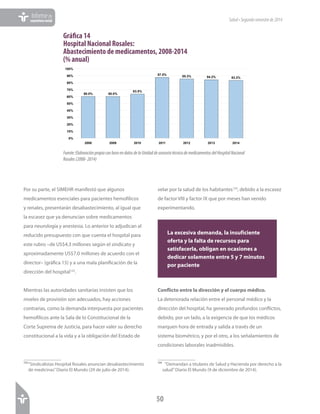 50
Informede
coyunturasocial
Por su parte, el SIMEHR manifestó que algunos
medicamentos esenciales para pacientes hemofílicos
y renales, presentarán desabastecimiento, al igual que
la escasez que ya denuncian sobre medicamentos
para neurología y anestesia. Lo anterior lo adjudican al
reducido presupuesto con que cuenta el hospital para
este rubro –de US$4.3 millones según el sindicato y
aproximadamente US$7.0 millones de acuerdo con el
director– (gráfica 15) y a una mala planificación de la
dirección del hospital123
.
Mientras las autoridades sanitarias insisten que los
niveles de provisión son adecuados, hay acciones
contrarias, como la demanda interpuesta por pacientes
hemofílicos ante la Sala de lo Constitucional de la
Corte Suprema de Justicia, para hacer valer su derecho
constitucional a la vida y a la obligación del Estado de
123	“Sindicalistas Hospital Rosales anuncian desabastecimiento
de medicinas”Diario El Mundo (29 de julio de 2014).
velar por la salud de los habitantes124
, debido a la escasez
de factor VIII y factor IX que por meses han venido
experimentando.
Conflicto entre la dirección y el cuerpo médico.
La deteriorada relación entre el personal médico y la
dirección del hospital, ha generado profundos conflictos,
debido, por un lado, a la exigencia de que los médicos
marquen hora de entrada y salida a través de un
sistema biométrico, y por el otro, a los señalamientos de
condiciones laborales inadmisibles.
124
“Demandan a titulares de Salud y Hacienda por derecho a la
salud”Diario El Mundo (9 de diciembre de 2014).
Salud•Segundosemestrede2014
Gráfica 14
Hospital Nacional Rosales:
Abastecimiento de medicamentos, 2008-2014
(% anual)
Fuente:ElaboraciónpropiaconbaseendatosdelaUnidaddeasesoríatécnicademedicamentosdelHospitalNacional
Rosales(2008-2014)
60.0% 60.0%
63.5%
87.5% 85.3% 84.2% 83.2%
0%
10%
20%
30%
40%
50%
60%
70%
80%
90%
100%
2008 2009 2010 2011 2012 2013 2014
Gráﬁca	
  3.	
  Hospital	
  Nacional	
  Rosales:	
  Abastecimiento	
  de	
  medicamentos,	
  2008-­‐2014	
  	
  
(%	
  anual)	
  
Fuente: Elaboración propia con base en datos de la Unidad de asesoría técnica de medicamentos del Hospital Nacional
Rosales (2008- 2014)
La excesiva demanda, la insuficiente
oferta y la falta de recursos para
satisfacerla, obligan en ocasiones a
dedicar solamente entre 5 y 7 minutos
por paciente
 