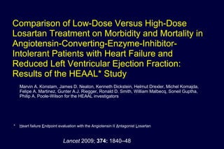 Comparison of Low-Dose Versus High-Dose
Losartan Treatment on Morbidity and Mortality in
Angiotensin-Converting-Enzyme-Inhibitor-
Intolerant Patients with Heart Failure and
Reduced Left Ventricular Ejection Fraction:
Results of the HEAAL* Study
Marvin A. Konstam, James D. Neaton, Kenneth Dickstein, Helmut Drexler, Michel Komajda,
Felipe A. Martinez, Gunter A.J. Riegger, Ronald D. Smith, William Malbecq, Soneil Guptha,
Philip A. Poole-Wilson for the HEAAL investigators
* Heart failure Endpoint evaluation with the Angiotensin II Antagonist Losartan
Lancet 2009; 374: 1840–48
 