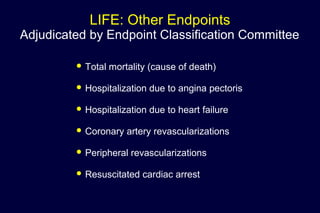 Adjudicated by Endpoint Classification Committee
LIFE: Other Endpoints
 Total mortality (cause of death)
 Hospitalization due to angina pectoris
 Hospitalization due to heart failure
 Coronary artery revascularizations
 Peripheral revascularizations
 Resuscitated cardiac arrest
 