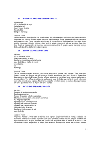 27      MASSA FOLHADA PARA ESFIHA E PASTEL

Ingredientes:
1/2 kg de farinha de trigo
1 pitada de sal
1 ou 2 copos de leite
1 ovo batido
250 g de manteiga

Modo de Fazer:
Peneire a farinha, misture com sal. Acrescente o ovo, amasse bem, adicione o leite. Deixe a massa
descansar por 2 horas. Então, unte o mármore com manteiga. Tome pequenas bolinhas de massa
e abra-as com rolo. Passe manteiga e dobre em 3, formando tiras. Cubra as tiras com pano úmido
e deixe descansar. Depois, estique e bata as tiras sobre o mármore, até que a massa fique bem
fina. Enrole a massa sobre si mesma, como uma serpentina. A seguir, aperte os rolos com os
dedos, até deixá-los do tamanho de um pires.

     28      ESFIHA FOLHADA COM CARNE

Recheio:
1/2 kg de carne moída
2 cebolas grandes picadas
3 colheres (sopa) de coalhada fresca
suco de limão ou molho de romã
pimenta síria
sal
manteiga

Modo de Fazer:
Faça a massa folhada e aperte o centro dos pedaços da massa, para rechear. Para o recheio,
deixe a cebola, em água e sal até amolecer. Ponha a coalhada num saco de pano, deixando a
água escorrer, durante 2 horas. Depois, refogue a cebola na manteiga, junte a carne, os temperos
e misture bem. Tire o fogo e adicione a coalhada, o suco de limão (ou molho de romã) e tempere
com sal e pimenta síria a gosto. Finalmente, espalhe o recheio sobre as esfihas. Leve para assar
em forno quente no início e, depois em forno brando.

     29      FATAER DE VERDURA E PASSAS

Recheio:
2 maços de acelga ou escarola
2 cebolas pequenas
1 maço de salsa e cebolinha picadas
2 tomates picados, sem peles e sem sementes
1/2 maço de espinafre
1 pires (chá) de passas picadas
1 pires (café) de nozes picadas
1 pires (café) de pinhõezinhos
2 xícaras (café) de azeite
2 colheres (sobremesa) de sal
suco de limão

Modo de Fazer:
Prepare a massa 1. Para fazer o recheio, lave e pique (separadamente) a acelga, a cebola e o
espinafre. Junte o sal. Cubra o espinafre com água quente durante 5 minutos. Depois lave tudo em
água fria deixando a água escorrer por 10 minutos. Esprema bem as folhas e a cebola. Lave
novamente e repita a operação. A seguir, leve a cebola ao fogo com azeite até murchar. Junte a



                                                                                              12
 