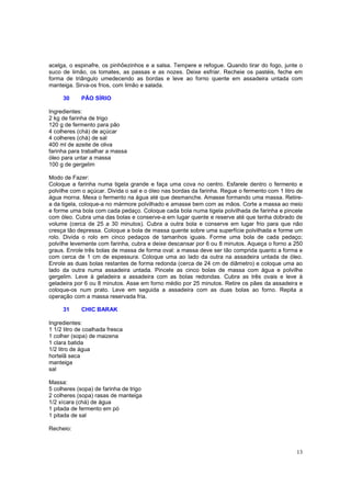 acelga, o espinafre, os pinhõezinhos e a salsa. Tempere e refogue. Quando tirar do fogo, junte o
suco de limão, os tomates, as passas e as nozes. Deixe esfriar. Recheie os pastéis, feche em
forma de triângulo umedecendo as bordas e leve ao forno quente em assadeira untada com
manteiga. Sirva-os frios, com limão e salada.

     30      PÃO SÍRIO

Ingredientes:
2 kg de farinha de trigo
120 g de fermento para pão
4 colheres (chá) de açúcar
4 colheres (chá) de sal
400 ml de azeite de oliva
farinha para trabalhar a massa
óleo para untar a massa
100 g de gergelim

Modo de Fazer:
Coloque a farinha numa tigela grande e faça uma cova no centro. Esfarele dentro o fermento e
polvilhe com o açúcar. Divida o sal e o óleo nas bordas da farinha. Regue o fermento com 1 litro de
água morna. Mexa o fermento na água até que desmanche. Amasse formando uma massa. Retire-
a da tigela, coloque-a no mármore polvilhado e amasse bem com as mãos. Corte a massa ao meio
e forme uma bola com cada pedaço. Coloque cada bola numa tigela polvilhada de farinha e pincele
com óleo. Cubra uma das bolas e conserve-a em lugar quente e reserve até que tenha dobrado de
volume (cerca de 25 a 30 minutos). Cubra a outra bola e conserve em lugar frio para que não
cresça tão depressa. Coloque a bola de massa quente sobre uma superfície polvilhada e forme um
rolo. Divida o rolo em cinco pedaços de tamanhos iguais. Forme uma bola de cada pedaço;
polvilhe levemente com farinha, cubra e deixe descansar por 6 ou 8 minutos. Aqueça o forno a 250
graus. Enrole três bolas de massa de forma oval: a massa deve ser tão comprida quanto a forma e
com cerca de 1 cm de espessura. Coloque uma ao lado da outra na assadeira untada de óleo.
Enrole as duas bolas restantes de forma redonda (cerca de 24 cm de diâmetro) e coloque uma ao
lado da outra numa assadeira untada. Pincele as cinco bolas de massa com água e polvilhe
gergelim. Leve à geladeira a assadeira com as bolas redondas. Cubra as três ovais e leve à
geladeira por 6 ou 8 minutos. Asse em forno médio por 25 minutos. Retire os pães da assadeira e
coloque-os num prato. Leve em seguida a assadeira com as duas bolas ao forno. Repita a
operação com a massa reservada fria.

     31      CHIC BARAK

Ingredientes:
1 1/2 litro de coalhada fresca
1 colher (sopa) de maizena
1 clara batida
1/2 litro de água
hortelã seca
manteiga
sal

Massa:
5 colheres (sopa) de farinha de trigo
2 colheres (sopa) rasas de manteiga
1/2 xícara (chá) de água
1 pitada de fermento em pó
1 pitada de sal

Recheio:



                                                                                                13
 