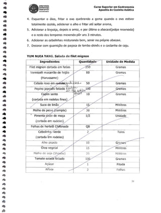 uniYefsldad,:
                 anhembl                                           Curso Superior em Gastronomia
                 morumbl                                              Apostila de Cozinha Asiatica
                 _.I~UM-




        4. Esquentar 0 oleo, fritar 0 ovo quebrando a gema quando 0 ovo estiver
           totalmente cazido, adicionar        0   alho e fritar ate soltar aroma,
        5.	 Adidonar a linguiQl, depois        0   arroz, e par ultimo   0   abacaxi(polpa reservada)
           e 0 resto dos temperos mexendo par uns 3 minutos.
        6. Adicionar as cebolinhas misturando bem, servir no proprio abacaxi.
        7. Decorar com guarni~o de pa<pca de lombo mines e a castanha de caju.


... 	   YUM NUEA YANG. Salada de filet mignon
                 Ingredientes                           Quantida                 Unidade de Medida
         Filet mignon cartada em fatias                                                Gramas
          Vermicelli macarrao de feijao                       80
                   (Harussame)




•

.•

                                                                                       Mililitros
                                                                                       Mililitros
                                                             1/2                       Unidade




.•

 ...          (cortada           m rodelas)
                                                                                         Talos


                    Alho picado                               10
                   Oleo vegetal                               15
             Molho de soja (Sh           ou)                                           Millli ros
             Tomate salad fatiado                                                      Gramas
                        A<;tJcar                                                        Pitada
                         Alface                                                         Folhas


                                                                                                    39
 