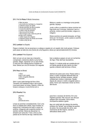 Centro de Difusão do Conhecimento Escoteiro ALDO CHIORATTO




211. Filé De Peixe À Moda Veneziana
       4 filés de peixe                                 Misture o azeite e a manteiga numa panela
       ¼ de xícara de manteiga ou margarina             grande. Aqueça.
       2 colheres (sopa) de azeite
       3 dentes grandes de alhos picados                Junte o alho e a salsinha e deixe cozinhar em
       ½ xícara de salsinha picada                      fogo lento por 5 minutos. Adicione o sal e a
       ½ colher (chá) de pimenta                        pimenta. Junte o purê de tomate, a água e o
       1 lata de purê de tomate
       1 lata de água (use a lata do purê de
                                                        orégano.
       tomate como medida)
       1 colher (sopa) de orégano
                                                        Deixe cozinhar em panela tampada, em fogo
       2 colheres (sopa) de extrato de tomate           lento por 10 minutos. Junte o peixe e cozinhe
       ½ colher (chá) de sal                            por mais 10 minutos.


212. Lambari no Espeto

Pegue o lambari, tire as escamas e a cabeça e espete em um espeto não muito grosso. Coloque
para assar ao lado de uma chama de uma fogueira e deixe por aproximadamente 40 minutos.

213. Lambari Frito Especial

Abrir um por um ao meio (se o tamanho                   tirar a cebola e passar um por um na farinha
compensar), colocá-los aberto numa forma                de trigo. Fritar até ficar douradinho.
grande. Salgar, espremer um ou dois limões
e cobri-los com cebola branca cortada em                Opção 2: A cebola pode ser substituída por
tiras. Deixar por uns 20 minutos. Em seguida            um dente grande de alho dentro do óleo
                                                        quente e deixá-lo até terminar a fritura.

214. Pacu na Brasa
       1 Pacu                                           abertura do peixe para cima. Passe sobre o
       limão e sal a gosto                              peixe o molho vinagrete diferente feito da
       molho vinagrete diferente                        seguinte forma: tomates picados, cebola
       maionese                                         cortada bem miúda e maionese. Opção:
Abrir o pacu pela barriga de fora a fora.               depois de colocar o molho vinagrete sobre o
Tempere com bastante limão e sal a gosto.               peixe, forrar com maionese e levar ao forno
Leve para assar na brasa. Depois o retire da            até dourar.
brasa e coloque-o numa forma com a


215. Piranha Frita

       piranhas;                                        para tirar o excesso de farinha. Em uma
       sal;                                             frigideira grande, frite uma por vez até que
       limão;                                           estejam bem douradas. Sirva inteira.
       pimenta-do-reino.                                Acompanha salada a gosto.
Limpe as piranhas completamente. Com uma                Dica: em cada lado da cabeça da piranha,
faca ou estilete bem afiado, faça incisões na           embaixo da "tampa" que protege as guelras
largura de 2 milímetros em todo o corpo da              do peixe, há uma porção de carne, que
piranha, chegando até a espinha central, no             chamamos de filé mignon, devido à
sentido vertical. Deixe-as descansar no                 delicadeza desta carne.
tempero por cerca de 1 hora. Uma a uma,
passe-as em farinha de trigo, batendo bem



õ¿õ Lecão                                                 Milagres da Cozinha Escoteira no Acampamento -   51
 
