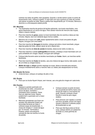 Centro de Difusão do Conhecimento Escoteiro ALDO CHIORATTO



        subindo nos lados da grelha, bem ajustados. Quando o carvão estiver quase no ponto de
        aquecimento certo, coloque a grelha. O calor fará com que a gordura ou resto de comida
        que estiver na grelha se solte. Deixe a grelha ficar esquentando por 10 minutos. Remova o
        alumínio e a churrasqueira estará pronta.

351. Manchas
   • Tire facilmente mancha de gordura de tecidos aplicando, nos locais manchados, uma
       gema dissolvida em um pouco de água. Para clarear mancha de mercúrio das roupas,
       utilize o mesmo método.
   •    Para tirar mancha de graxa, passe no local manchado óleo de cozinha e deixe por dez
        minutos. Depois, lave com bastante água morna e sabão.
   •    Manchou-se a roupa com café, passe rapidamente sobre o local uma pedra de gelo.
        Depois, enxugue com uma toalha.
   •    Para tirar mancha de ferrugem de tecidos, coloque sal sobre o local manchado, pingue
        algumas gotas de limão, deixem secar ao sol e depois lave.
   •    Para tirar mancha de tinta de caneta de tecidos, deixe-os de molho no leite cru.
   •    Para tirar mancha e caneta esferográfica de tecidos, umedeça o local manchado com um
        pano embebido em vinagre. Depois, enxugue sem esfregar.
   •    Coloque leite fervente sobre os tecidos manchados por frutas. Assim, as manchas sairão
        facilmente.
   •    Para tirar mancha de frutas de tecidos, use uma mistura de água morna, leite azedo, sumo
        de um limão ou vinagre branco.
   •    Molho de soja ou shoyu quando respinga na roupa, deixa-a marcada para sempre.
        Coloque imediatamente sobre a mancha nabo cru ralado (ela desaparecerá na hora!).

352. Moedor De Carne
   • Antes de lavar, coloque um pedaço de pão e moa.

353. Óculos
   • Para que os óculos fiquem limpos, sem marcas, use uma gota de vinagre em cada lente.

354. Panelas
   • Salpique a panela queimada com
                                                           •    Coloque sempre na parte de baixo
       bicarbonato de sódio, colocando um
                                                                de sua panela de banho-maria uma
       pouco de água, somente o
                                                                tampa de metal ou uma bolinha de
       necessário para umedecer. Deixe
                                                                gude. Quando começas a fazer
       ficar por algumas horas. Depois,
                                                                barulho é sinal de que a água
       poderá tirar o queimado com a maior
                                                                acabou.
       facilidade.
                                                           •    Para remover com rapidez a comida
   •    Manchas persistentes que ficam em
                                                                que ficou grudada, encha com água
        panelas não aderentes podem ser
                                                                quente e adicione 2 colheres (sopa)
        removidas fervendo-se nelas 2
                                                                de bicarbonato ou sal.
        colheres (sopa) de bicarbonato, ½
        xícara de vinagre e 1 xícara de água               •    Para que não fique preta ao ferver
        por 10 minutos. Terminada a                             ovos, coloque dentro um pedacinho
        limpeza, passe uma pequena                              de limão ou umas gotinhas de
        camada de óleo de cozinha no fundo                      vinagre.
        da panela.




       õ¿õ Lecão                                         Milagres da Cozinha Escoteira no Acampamento -   76
 