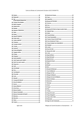 Centro de Difusão do Conhecimento Escoteiro ALDO CHIORATTO



239. Quiabo __________________________________________56       283. Barrinha de Cereais _______________________________ 65
240. Rabanetes _______________________________________56       284. Caqui___________________________________________ 66
241. Sal _____________________________________________57       285. Castanhas_______________________________________ 66
   A Hora Certa de Colocar Sal _________________________57
                                                               286. Mousse De Chocolate _____________________________ 66
242. Tempero Para Saladas _____________________________57
                                                               287. Churros_________________________________________ 66
243. Molho Vinagrete __________________________________57
                                                               288. Coco ___________________________________________ 66
244. Salada Verão _____________________________________57
                                                               289. Doces __________________________________________ 66
245. Saladas _________________________________________58
                                                               290. Bolinhos De Fubá (na chapa ou pedra chata) __________ 66
246. Salames e Salaminhos _____________________________58
                                                               291. Geléia De Figo ___________________________________ 67
247. Salsa ___________________________________________58
                                                               292. Geléia __________________________________________ 67
248. Sopas___________________________________________58
                                                               293. Frutas Na Brasa __________________________________ 67
249. Sopa De Legumes_________________________________58
                                                               294. Frutas Carameladas_______________________________ 67
250. Caldo Verde______________________________________58
                                                               295. Tirando A Casca Fina De Frutas_____________________ 67
251. Caldo do Monitor _________________________________59
                                                               296. Como Amadurecer Frutas__________________________ 67
252. Temperos _______________________________________59
                                                               297. Frutas Cortadas Com Antecedência _________________ 68
253. Tomates Cozidos _________________________________59
                                                               298. Goiabada _______________________________________ 68
254. Tomate__________________________________________59
                                                               299. Laranja _________________________________________ 68
255. Verduras ________________________________________59
                                                               300. Doce De Leite ____________________________________ 68
256. Folhas Refogadas_________________________________60
                                                               301. Mousse De Limão ________________________________ 68
257. Vegetais Velhos __________________________________60
                                                               302. Limão __________________________________________ 68
258. Vinagre _________________________________________60
                                                               303. Maçã Na Brasa ___________________________________ 69
259. Vôngoles ________________________________________60
                                                               304. Maçã Recheada __________________________________ 69
260. Café à Brasileira __________________________________61
                                                               305. Maçã Do Amor ___________________________________ 69
261. Café Tropeiro (sem coador)_________________________61
                                                               306. Maçãs Na Panela _________________________________ 69
262. Café Turco (sem coador) ___________________________61
                                                               307. Maçã ___________________________________________ 69
263. Capuccino _______________________________________61
                                                               308. Mamão _________________________________________ 69
264. Café ____________________________________________62
                                                               309. Mel_____________________________________________ 69
265. Chá Simples _____________________________________62
                                                               310. Mousse De Maracujá ______________________________ 70
266. Chá_____________________________________________62
                                                               311. Doce De Melancia ________________________________ 70
267. Chá Especial _____________________________________62
                                                               312. Mingau de Fubá __________________________________ 70
268. Chocolate _______________________________________62
                                                               313. Mingau De Maisena _______________________________ 70
269. Leite ____________________________________________62
                                                               314. Mingau De Aveia Ou Maisena _______________________ 70
270. Abacate _________________________________________63
                                                               315. Mineiro De Botas _________________________________ 70
271. Compota De Abacaxi ______________________________63
                                                               316. Mineirinho_______________________________________ 71
272. Doce De Abóbora _________________________________63
                                                               317. Morango ________________________________________ 71
273. Açúcar __________________________________________63
                                                               318. Nozes __________________________________________ 71
274. Açúcar Mascavo __________________________________63
                                                               319. Passas _________________________________________ 71
275. Arroz Doce_______________________________________64
                                                               320. Pêra ____________________________________________ 71
276. Banana Assada ___________________________________64
                                                               321. Pinhão__________________________________________ 71
277. Banana Caramelada _______________________________64
                                                               322. Pipoca Do Lecão _________________________________ 71
278. Banana Caramelada da Aquelá ______________________64
                                                               323. Pipoca Brigadeiro ________________________________ 71
279. Bananas_________________________________________65
                                                               324. Pipoca Alho & Óleo _______________________________ 71
280. Biscoitos ________________________________________65
                                                               325. Rabanadas ______________________________________ 71
281. Bolos ___________________________________________65
                                                               326. Sagu De Leite Condensado_________________________ 72
282. Canjica__________________________________________65


          õ¿õ Lecão                                             Milagres da Cozinha Escoteira no Acampamento - 91
 