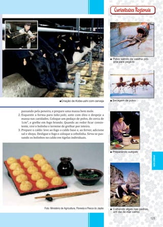 123123
■ Polvo saindo da vasilha pró-
pria para pegá-lo
■ Secagem de polvo
■ Preparando sukiyaki
■ Colhendo algas nas pedras,
em dia de mar calmo
■Criação de Kobe-ushi com cerveja
passando pela peneira, e prepare uma massa bem mole.
2. Esquente a forma para tako-yaki, unte com óleo e despeje a
massa nas cavidades. Coloque um pedaço de polvo, de cerca de
1cm², e grelhe em fogo brando. Quando ao redor icar consis-
tente, vire o bolinho e termine de grelhar por inteiro.
3. Prepare o caldo: leve ao fogo o caldo base e, ao ferver, adicione
sal e shoyu. Desligue o fogo e coloque a cebolinha. Sirva-se pas-
sando os bolinhos no caldo em tigelas individuais.
Foto: Ministério de Agricultura, Floresta e Pesca do Japão
HYOGO-KEN
 