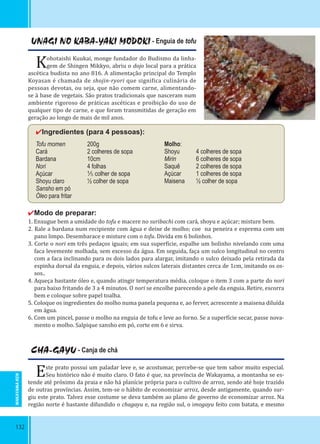 132
UNAGI NO KABA-YAKI MODOKI - Enguia de tofu
Kohotaishi Kuukai, monge fundador do Budismo da linha-
gem de Shingen Mikkyo, abriu o dojo local para a prática
ascética budista no ano 816. A alimentação principal do Templo
Koyasan é chamada de shojin-ryori que signi ica culinária de
pessoas devotas, ou seja, que não comem carne, alimentando-
se à base de vegetais. São pratos tradicionais que nasceram num
ambiente rigoroso de práticas ascéticas e proibição do uso de
qualquer tipo de carne, e que foram transmitidas de geração em
geração ao longo de mais de mil anos.
✔Ingredientes (para 4 pessoas):
Tofu momen 200g
Cará 2 colheres de sopa
Bardana 10cm
Nori 4 folhas
Açúcar ¹⁄₅ colher de sopa
Shoyu claro ½ colher de sopa
Sansho em pó
Òleo para fritar
✔Modo de preparar:
1. Enxugue bem a umidade do tofu e macere no suribachi com cará, shoyu e açúcar; misture bem.
2. Rale a bardana num recipiente com água e deixe de molho; coe na peneira e esprema com um
pano limpo. Desembarace e misture com o tofu. Divida em 6 bolinhos.
3. Corte o nori em três pedaços iguais; em sua super ície, espalhe um bolinho nivelando com uma
faca levemente molhada, sem excesso da água. Em seguida, faça um sulco longitudinal no centro
com a faca inclinando para os dois lados para alargar, imitando o sulco deixado pela retirada da
espinha dorsal da enguia, e depois, vários sulcos laterais distantes cerca de 1cm, imitando os os-
sos..
4. Aqueça bastante óleo e, quando atingir temperatura média, coloque o item 3 com a parte do nori
para baixo fritando de 3 a 4 minutos. O nori se encolhe parecendo a pele da enguia. Retire, escorra
bem e coloque sobre papel toalha.
5. Coloque os ingredientes do molho numa panela pequena e, ao ferver, acrescente a maisena diluída
em água.
6. Com um pincel, passe o molho na enguia de tofu e leve ao forno. Se a super ície secar, passe nova-
mento o molho. Salpique sansho em pó, corte em 6 e sirva.
Molho:
Shoyu 4 colheres de sopa
Mirin 6 colheres de sopa
Saquê 2 colheres de sopa
Açúcar 1 colheres de sopa
Maisena ½ colher de sopa
CHA-GAYU - Canja de chá
Este prato possui um paladar leve e, se acostumar, percebe-se que tem sabor muito especial.
Seu histórico não é muito claro. O fato é que, na província de Wakayama, a montanha se es-
tende até próximo da praia e não há planície própria para o cultivo de arroz, sendo até hoje trazido
de outras províncias. Assim, tem-se o hábito de economizar arroz, desde antigamente, quando sur-
giu este prato. Talvez esse costume se deva também ao plano de governo de economizar arroz. Na
região norte é bastante difundido o chagayu e, na região sul, o imogayu feito com batata, e mesmo
WAKAYAMA-KEN
 