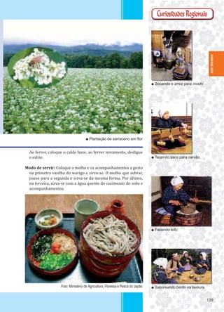 139139
■ Socando o arroz para mochi
■ Tecendo saco para carvão
■ Fazendo tofu
■ Saboreando bento na lavoura
■ Plantação de sarraceno em ﬂor
Ao ferver, coloque o caldo base; ao ferver novamente, desligue
e esfrie.
Modo de servir: Coloque o molho e os acompanhamentos a gosto
na primeira vasilha do warigo e sirva-se. O molho que sobrar,
passe para a segunda e sirva-se da mesma forma. Por último,
na terceira, sirva-se com a água quente do cozimento do soba e
acompanhamentos.
Foto: Ministério de Agricultura, Floresta e Pesca do Japão
SHIMANE-KEN
 