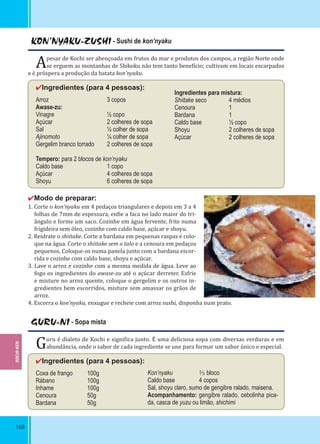 168
KON’NYAKU-ZUSHI - Sushi de kon’nyaku
Apesar de Kochi ser abençoada em frutos do mar e produtos dos campos, a região Norte onde
se erguem as montanhas de Shikoku não tem tanto bene ício; cultivam em locais escarpados
e é próspera a produção da batata kon’nyaku.
✔Ingredientes (para 4 pessoas):
Arroz 3 copos
Awase-zu:
Vinagre ½ copo
Açúcar 2 colheres de sopa
Sal ½ colher de sopa
Ajinomoto ¼ colher de sopa
Gergelim branco torrado 2 colheres de sopa
Tempero: para 2 blocos de kon’nyaku
Caldo base 1 copo
Açúcar 4 colheres de sopa
Shoyu 6 colheres de sopa
✔Modo de preparar:
1. Corte o kon’nyaku em 4 pedaços triangulares e depois em 3 a 4
folhas de 7mm de espessura, en ie a faca no lado maior do tri-
ângulo e forme um saco. Cozinhe em água fervente, frite numa
frigideira sem óleo, cozinhe com caldo base, açúcar e shoyu.
2. Reidrate o shiitake. Corte a bardana em pequenas raspas e colo-
que na água. Corte o shiitake sem o talo e a cenoura em pedaços
pequenos. Coloque-os numa panela junto com a bardana escor-
rida e cozinhe com caldo base, shoyu e açúcar.
3. Lave o arroz e cozinhe com a mesma medida de água. Leve ao
fogo os ingredientes do awase-zu até o açúcar derreter. Esfrie
e misture no arroz quente, coloque o gergelim e os outros in-
gredientes bem escorridos, misture sem amassar os grãos de
arroz.
4. Escorra o kon’nyaku, enxugue e recheie com arroz sushi, disponha num prato.
Ingredientes para mistura:
Shiitake seco 4 médios
Cenoura 1
Bardana 1
Caldo base ½ copo
Shoyu 2 colheres de sopa
Açúcar 2 colheres de sopa
GURU-NI - Sopa mista
Guru é dialeto de Kochi e signi ica junto. É uma deliciosa sopa com diversas verduras e em
abundância, onde o sabor de cada ingrediente se une para formar um sabor único e especial.
✔Ingredientes (para 4 pessoas):
Coxa de frango 100g
Rábano 100g
Inhame 100g
Cenoura 50g
Bardana 50g
Kon’nyaku ⅓ bloco
Caldo base 4 copos
Sal, shoyu claro, sumo de gengibre ralado, maisena.
Acompanhamento: gengibre ralado, cebolinha pica-
da, casca de yuzu ou limão, shichimi
KOCHI-KEN
 