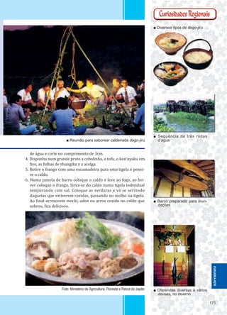 171171
■ Diversos tipos de dago-jiru
■ Barco preparado para inun-
dações
■ Sequência de três rodas
d’água
■ Oferendas diversas a vários
deuses, no inverno
■ Reunião para saborear caldeirada dago-jiru
Foto: Ministério de Agricultura, Floresta e Pesca do Japão
de água e corte no comprimento de 3cm.
4. Disponha num grande prato a cebolinha, o tofu, o kon’nyaku em
ios, as folhas de shungiku e a acelga.
5. Retire o frango com uma escumadeira para uma tigela e penei-
re o caldo.
6. Numa panela de barro coloque o caldo e leve ao fogo, ao fer-
ver coloque o frango. Sirva-se do caldo numa tigela individual
temperando com sal. Coloque as verduras e vá se servindo
daquelas que estiverem cozidas, passando no molho na tigela.
Ao inal acrescente mochi, udon ou arroz cozido no caldo que
sobrou, ica delicioso.
FUKUOKA-KEN
 
