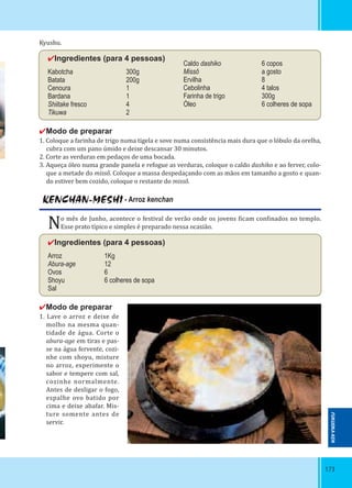173173
Kyushu.
✔Ingredientes (para 4 pessoas)
Kabotcha 300g
Batata 200g
Cenoura 1
Bardana 1
Shiitake fresco 4
Tikuwa 2
✔Modo de preparar
1. Coloque a farinha de trigo numa tigela e sove numa consistência mais dura que o lóbulo da orelha,
cubra com um pano úmido e deixe descansar 30 minutos.
2. Corte as verduras em pedaços de uma bocada.
3. Aqueça óleo numa grande panela e refogue as verduras, coloque o caldo dashiko e ao ferver, colo-
que a metade do missô. Coloque a massa despedaçando com as mãos em tamanho a gosto e quan-
do estiver bem cozido, coloque o restante do missô.
Caldo dashiko 6 copos
Missô a gosto
Ervilha 8
Cebolinha 4 talos
Farinha de trigo 300g
Óleo 6 colheres de sopa
KENCHAN-MESHI - Arroz kenchan
No mês de Junho, acontece o festival de verão onde os jovens icam con inados no templo.
Esse prato típico e simples é preparado nessa ocasião.
✔Ingredientes (para 4 pessoas)
Arroz 1Kg
Abura-age 12
Ovos 6
Shoyu 6 colheres de sopa
Sal
✔Modo de preparar
1. Lave o arroz e deixe de
molho na mesma quan-
tidade de água. Corte o
abura-age em tiras e pas-
se na água fervente, cozi-
nhe com shoyu, misture
no arroz, experimente o
sabor e tempere com sal,
cozinhe normalmente.
Antes de desligar o fogo,
espalhe ovo batido por
cima e deixe abafar. Mis-
ture somente antes de
servir.
FUKUOKA-KEN
 
