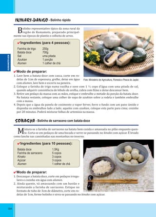 184
IKINARI-DANGO - Bolinho rápido
Bolinho representativo típico da zona rural da
região de Kumamoto, preparado principal-
mente nas épocas de plantio e colheita de arroz.
✔Ingredientes (para 4 pessoas):
Farinha de trigo 250g
Batata doce 700g
Sal uma pitada
Azukian 1 porção
Alumen 1 colher de chá
✔Modo de preparar:
1. Lave bem a batata-doce com casca, corte em ro-
delas de 1cm de espessura, grelhe, deixe em água
com alumen, lave bem e escorra na peneira.
2. Coloque a farinha de trigo numa vasilha e sove com 1 ⅓ copo d’água com uma pitada de sal,
quando adquirir consistência de lóbulo de orelha, cubra com ilme e deixe descansar bem.
3. Retire um pedaço da massa com as mãos, estique e embrulhe a metade da porção da batata doce.
Na batata restante, coloque uma colher de sopa de azukian sobre a rodela e também embrulhe
com a massa.
4. Depois que a água da panela de cozimento a vapor ferver, forre o fundo com um pano úmido e
disponha os embrulhos lado a lado; aqueles com azukian, coloque esta parte para cima; cozinhe
por 20 minutos. Poderá misturar folhas de artemísia na massa.
SOBAGYA - Bolinho de sarraceno com batata-doce
Mistura-se a farinha de sarraceno na batata bem cozida e amassada no pilão enquanto quen-
te. Corta-se em pedaços de uma bocada e serve-se passando no kinako com açúcar. É levado
como lanche nas caminhadas nas montanhas no inverno.
✔Ingredientes (para 10 pessoas):
Batata doce 1,5Kg
Farinha de sarraceno 5 copos
Kinako 3 copos
Açúcar 3 copos
Alumen 1 colher de chá
✔Modo de preparar:
1. Descasque a batata doce, corte em pedaços irregu-
lares e cozinhe em água com alumen.
2. Ainda quente, vá amassando com um bastão e
misturando a farinha de sarraceno. Estique no
formato de tubo de 3cm de diâmetro, corte em ro-
delas de 1cm, forme bolinho e sirva-se passando no kinako com açúcar.
Foto: Ministério de Agricultura, Floresta e Pesca do Japão
KUMAMOTO-KEN
 