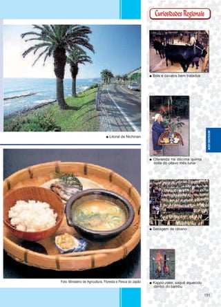 191191
■ Litoral de Nichinan
■ Secagem de rábano
■ Bois e cavalos bem tratados
■ Oferenda na décima quinta
noite do oitavo mês lunar
■ Kappo-zake, saquê aquecido
dentro do bambu
Foto: Ministério de Agricultura, Floresta e Pesca do Japão
MIYAZAKI-KEN
 