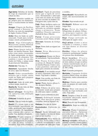 208208208
GLOSSÁRIO
Age-tama: Bolinhas de farinha
de trigo de empanados que se
soltam no óleo.
Alumen: Alumínio vendido em
pó, próprio para uso doméstico.
Evita o escurecimento da batata
doce.
Anago: Côngrio do Pacífico,
peixe comum a Noroeste do
Pacíﬁco, na costa do arquipélago
do Japão, Coréia e China.
Anko: Doce de feijão ou azuki
amassado. Usado para rechear
manju e mochi, principalmente.
Aosa: A lga Ch lorophy t a
Monostroma nitidum Wittrock
muito consumida em Okinawa.
Awa: Planta Setaria italica P.
Beauv. da família Poaceae. Seus
grãos eram muito consumidos
no Japão antigamente, na época
de escassez de alimentos. Era
também o nome de um dos
feudos de Chiba, e antigo nome
da província de Tokushima.
Awase-zu: Veja pag. 11.
Awamori: Aguardente shochu
de arroz, típico de Okinawa.
Azuki: Grãos avermelhados
menores que o feijão, muito
usado no Japão para preparar
anko e outros pratos.
Azuki-an: Anko de azuki para
rechear manju, mochi etc.
Basho-fu: Tecido feito de ﬁbra
vegetal de bananeira.
B e n i - s h o g a : G e n g i b r e
em conserva com coloração
vermelha.
Chikuwa: Embutido de peixe.
Daidai: Tipo de limão do Japão.
Dashi: É o nome dado a um
determinado ingrediente ou
caldo, geralmente para temperar
sopas e cozidos. Os ingredientes
mais comuns são o peixe e o
konbu. Veja dashiko e hondashi.
Dashiko: Pó para tempero; o
mais comum é o de peixe seco,
usado principalmente no preparo
do caldo de udon, soumen e
misoshiru. Veja dashi e hondashi.
Donburi: Tigela de porcelana
maior que a tigela de servir
arroz. Normalmente é abreviado
como don em nomes de receitas
de arroz servidos no donburi. Ex:
Fukagawa-don, oyako-don etc.
Fuki: Planta herbácea nativa no
Japão, onde sua haste é muito
utilizada na culinária quando
chega a pr imavera. Nome
científico: Petasites japonicus
(Siebold & Zucc.) Maxim.
F u n a : C a r p a p r u s s i a n a
Carassius cuvieri Temm. & Schl.
Gin-nan: Semente de Ginkgo
biloba.
Goya: Nome dado ao nigauri em
Okinawa.
Hamo: Peixe Muraenesox
cinereus Forsskal.
Hanagatsuo: Raspas em ﬂocos
de katsuobushi. Veja kezuribushi.
Hi e: Pla nt a E ch i n o chlo a
esculenta (A. Braun) H. Scholz,
da família Poaceae. Como o awa,
é uma gramínea cultivada no
Japão para consumo da semente.
Hondashi: É um dashiko em pó
da marca Ajinomoto, feito com o
bonito. Veja dashi e dashiko.
Hoya: Uma ascidia, um fruto do
mar consumido no Japão.
Igusa: Planta Juncus effusus L.
var. decipens Buchen.
Iriko: Filhotes de peixe seco,
geralmente usado para preparo
de caldo para sopas e cozidos.
Irori: Lareira embutida no piso.
Itazuri: Esfoliação usando
tábua. Para descascar grãos,
castanhas, amaciar legumes etc.
Kabosu: Um tipo de limão.
Kamaboko: Embutido de
peixe.
Kasuri: Tecido fabricado com
cores tingidas e tecidas de forma
especial por tecelões.
Katsuobushi: Peixe bonito ou
serra seco. Assim como o iriko e
o niboshi normalmente é usado
para preparo de caldo para sopas
e cozidos,.
Kezuribushi: Katsuobushi em
raspas, não necessariamente em
ﬂocos.
Kinako: Soja torrada em pó.
Kiriboshi: Rábano seco em
longas ﬁtas.
K i s u : P e i x e d a f a m í l i a
Sillaginidae do gênero Sillago.
As principais espécies são
japônica, parvisquamis e aeolus.
Koji: Fungo uti l izado na
fabricação de saquê e miso.
Koji- miso: Como o miso
vermelho e o branco, é mais
um tipo dentre as diversas
variedades.
Konbu: A lgas do gênero
Laminaria normalmente vendida
em grossas ﬁtas desidratadas.
K o n ’ n y a k u : P l a n t a
Amorphophallus konjac nativa
do leste asiático em que se utiliza
a batata transformada em pó e
aglutinada em pequenos blocos
de 300 a 400g.
Kuri: Castanha portuguesa.
Maitake: Cogumelo Grifola
frondosa (Dicks.) Gray. da ordem
Polyporales, muito consumido no
Japão.
Makisu: Esteira para enrolar
sushi, no preparo do maki-zushi,
hoso-maki.
Manju: Doce com massa de
farinha de trigo recheado com
anko. Veja anko.
Mirin: Tempero à base de arroz
levemente adocicado, muito
utilizado em cozidos.
Miso: Pasta de soja fermentada.
Misoshiru: Sopa ou caldo de
miso.
Mitsuba: Planta Cryptotaenia
japonica Hassk., Apiaceae
parecida com a salsinha. O
nome se deve ao fato da folha
apresentar tres folíolos.
Momiji-oroshi: Rábano e
pimenta vermelha ralados juntos,
o que dá tonalidade de folha
 