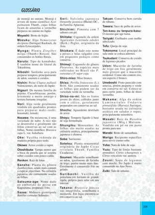 209209
GLOSSÁRIO
de momiji no outono. Momiji é
árvore de nome científico Acer
palmatum Thunb., cujas folhas
ficam de amarelas a vermelho
púrpuras no outono no Japão.
Moyashi: Broto de feijão.
Mozuku: Alga Nemacystus
decipiens (Suringar) Kuckuck, da
ordem Ectocarpales.
M yo g a: Pla nt a Z i ngi b e r
mioga (Thunb.) Roscoe. São
consumidos os botões ﬂorais.
Naruto: Tipo de kamaboko.
É também nome do litoral de
Tokushima.
Niboshi: Sardinha seca para
preparar tempero, principalmente
de udon, soumen e cozidos.
Nishin: Peixe Clupea pallasii
Valenciennes, do norte do Japão.
Nigauri: Da mesma família do
pepino, Cucurbitaceae, porém,
levemente a muito amargo e
textura bastante irregular.
Nori: Alga verde geralmente
vendida em quadrados prontos
para preparar maki-zushi,
hosomaki, temaki.
Nozawa: Ou nozawa-na, é uma
variedade de nabo. A raiz não
se desenvolve e geralmente são
feitas conservas ao sal com as
folhas. Nome cientíﬁco: Brassica
rapa L. var. hakabura.
Oke: Vasil ha redonda de
madeira própria para sushi.
Okowa: Arroz cozido a vapor.
Otoshibuta: Tampa menor que
a boca da panela que se assenta
sobre cozidos com pouco caldo.
Renkon: Raiz de lotus.
Sansho: Planta do gênero
Zanthoxylum, sendo mais comum
a espécie piperitum. Na culinária
japonesa são comumente usadas
as folhas.
Satsuma-age: Nome dado
ao embutido de peixe em
Kagoshima, preparado frito.
Sazae: Molusco gastrópoda
Batillus cornutus Solander.
S e r i: Sa l si n h a j a p o n e s a
Oenanthe javanica (Blume) DC.,
da Família Apiaceae.
Shichimi: Pimenta com 7
sabores em pó.
Shiitake: Cogumelo da ordem
Agaricales Lentinula edodes
(Berk.) Pegler, originária da
Ásia.
Shiokara: É dado este nome
a peixes e lulas salgados crus
em pequenos pedaços como
conserva.
Shimeji: Cogumelo do gênero
Pleurotus. As espécies mais
cultivadas no Brasil são P.
ostreatus e P. sajor-caju.
Shiro-miso: Miso branco.
Shiso: Perilla frutescens (L.)
Britt. São comumente usadas
as folhas que podem ser da
variedade verde ou vermelha.
Shiso-no-mi: São os frutos
jovens do shiso, colhidos junto
com o cálice, geralmente
preparados em conservas ao sal.
Shochu: Aguardente destilado
de arroz.
Shoyu: Tempero líquido à base
de soja fermentada.
Shungiku: Monsenhor. As
folhas são muito usadas na
culinária asiática, principalmente
japonesa e chinesa.
Soba: Sarraceno.
Sotetsu: Planta ornamental
originária do Japão Cycas
re vo l u t a T hu nb. Fa m í l ia
Cicadaceae.
Soumen: Macarrão semelhante
ao udon, igualmente de farinha
de trigo, porém muito mais ﬁno.
Geralmente é consumido frio ou
gelado.
S u r i b a c h i : Va s i l h a d e
porcelana em formato de grande
tigela, própria para ralar em seu
interior.
Takana: Brassica juncea
var. integrifolia, semelhante à
mostarda. Em lojas encontra-se
em conserva ao sal.
Takuan: Conserva bem curtida
de rábano.
Tawara: Saco de palha de arroz.
Ten-kasu ou tenpura-kasu:
O mesmo que age-tama.
Teriyaki: Grelhados com molho
adocicado.
Tofu: Queijo de soja.
Tokonoma: Local principal da
sala onde se coloca adornos.
Tsukudani: Conserva de cozido
de legumes picados.
Udon: Macarrão de farinha
de trigo em fios geralmente
mais grossos que o macarrão
ocidental. Como não contem ovo,
seu aspecto é branco.
Umeboshi: Fruto parecido com
ameixa, porém pequena e verde
em conserva no sal. Coloca-se
para curtir junto, folhas de shiso
vermelho.
Wakame: Alga da ordem
L a m i n a r i a l e s U n d a r i a
pinnatifida (Harvey) Suringar,
bastante usada na culinária
asiática em saladas e sopas,
principalmente misoshiru.
Wasabi: Raiz da Wasabia
japonica ( M iq.) Matsum.
Vendido em pó ou em pasta
pronta para uso.
Warabi: Broto de samanbaia.
Warigo: Recipiente específico
para servir izumo-soba
Yuba: Nata de leite de soja.
Yuzu: Tipo de limão bastante
aromático. Citrus ichangensis x
Citrus reticulata var. austera.
Zouni: Sopa de leg u mes
com mochi. No Japão é muito
consumido no Ano Novo.
Zuiki: Talo de inhame.
 