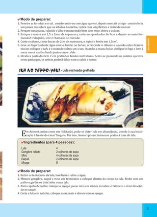 AOMORI-KEN
2121
✔Modo de preparar:
1. Peneire as farinhas e o sal, umedecendo-os com água quente, depois sove até atingir consistência
um pouco mais dura que os lóbulos da orelha; cubra com um plástico e deixe descansar.
2. Prepare uma pasta, ralando o alho e misturando bem com miso, shoyu e açúcar.
3. Estique a massa em 1,5 a 2mm de espessura, corte em quadrados de 8cm e depois ao meio for-
mando2 triângulos, este é chamado de tsutsuke.
4. Corte o rábano, como lascas de 2cm de espessura, o tofu e o konbu em 1,5cm³.
5. Leve ao fogo bastante água com o konbu; ao ferver, acrescente o rábano e quando estes icarem
macios coloque o tofu e o tsutsuke soltos um a um. Quando a massa boiar, desligue o fogo e leve à
mesa numa vasilha funda junto com o caldo.
6. Divida a pasta do item 2 em pratinhos fundos individuais. Serve-se passando os cozidos quentes
nesta pasta que, se sobrar, poderá diluir com o caldo e tomar.
IKA NO TEPPO-YAKI - Lula recheada grelhada
Em Aomori, assim como em Hokkaido, pode-se obter lula em abundância, devido à sua locali-
zação à frente do canal Tsugaru. Por isso, Aomori possui inúmeros pratos à base de lula.
✔Ingredientes (para 4 pessoas):
Lula 4
Gengibre ralado 2 colheres de sopa
Miso 4 colheres de sopa
Saquê 2 colheres de sopa
Myoga 8
✔Modo de preparar:
1. Retire os tentáculos da lula, lave bem e retire a água.
2. Misture gengibre, saquê e miso aos tentáculos e coloque dentro do corpo da lula. Feche com um
palito e grelhe os dois lados numa tela.
3. Num espeto de metal, coloque o myoga, passe óleo em ambos os lados, e também o miso dissolvi-
do no saquê.
4. Corte a lula em rodelas, coloque num prato e decore com o myoga.
 