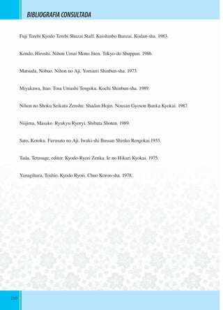 210210210
BIBLIOGRAFIACONSULTADA
Fuji Terebi Kyodo Terebi Shuzai Staff. Kuishinbo Banzai. Kodan-sha. 1983.
Kondo, Hiroshi. Nihon Umai Mono Jiten. Tokyo-do Shuppan. 1986.
Matsuda, Nobuo. Nihon no Aji. Yomiuri Shinbun-sha. 1973.
Miyakawa, Ituo. Tosa Umashi Tengoku. Kochi Shinbun-sha. 1989.
Nihon no Shoku Seikatu Zenshu. Shadan Hojin. Nousan Gyoson Bunka Kyokai. 1987.
Niijima, Masako. Ryukyu Ryoryi. Shibata Shoten. 1989.
Sato, Kotoku. Furusato no Aji. Iwaki-shi Bussan Shinko Rengokai.1933.
Tada, Tetusuge, editor. Kyodo-Ryori Zenka. Ie no Hikari Kyokai. 1975.
Yanagihara, Toshio. Kyodo Ryori. Chuo Koron-sha. 1978.
 