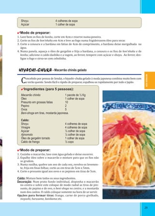 MIYAGUI-KEN
2929
HIYASHI-CHUKA - Macarrão chinês gelado
Concebido por pessoa de Sendai, o hiyashi–chuka gelado à moda japonesa combina muito bem com
o verão quente. Sendo fácil e rápido de preparar, espalhou-se rapidamente por todo o Japão.
✔Ingredientes (para 5 pessoas):
Macarrão chinês 1 pacote de ½ Kg
Óleo 1 colher de sopa
Presunto em grossas fatias 10
Pepino 2
Ovos 5
Beni-shoga em tiras, mostarda japonesa.
Caldo:
Shoyu 4 colheres de sopa
Vinagre 4 colheres de sopa
Açúcar ½ colher de sopa
Ajinomoto ¼ colher de sopa
Óleo de gergelim torrado 1 colher de sopa
Caldo de frango ½ copo
✔Modo de preparar:
1. Cozinhe o macarrão, lave com água gelada e deixe escorrer.
2. Espalhe óleo sobre o macarrão e misture para que os ios não
se grudem.
3. Numa vasilha, quebre um ovo de cada vez, revolva-os levemen-
te, frija em inas folhas; corte-as em tiras de 5cm x 5mm.
4. Corte o presunto igual aos ovos e os pepinos em tiras de 5cm.
Caldo: Misture bem todos os seus ingredientes.
Decoração: Num prato fundo individual, disponha o macarrão
no centro e sobre este coloque de modo radial as tiras de pre-
sunto, de pepino e de ovo, o beni-shoga no centro, e a mostarda
num dos cantos. O caldo coloque somente na hora de se servir.
Opções para formar tiras: frango, carne de porco grelhado,
moyashi, harusame, kanikama etc.
Shoyu 4 colheres de sopa
Açúcar 1 colher de sopa
✔Modo de preparar:
1. Lave bem os ios de konbu, corte em 4cm e reserve numa peneira.
2. Corte os ios de kon’nhaku em 4cm e leve ao fogo numa frigideirasem óleo para secar.
3. Corte a cenoura e a bardana em fatias de 4cm de comprimento, a bardana deixe mergulhada na
água.
4. Numa panela, aqueça o óleo de gergelim e frija a bardana, a cenoura e os ios de kon’nhaku e de
konbu; adicione o caldo dashiko e a vagem, ao ferver, tempere com açúcar e shoyu. Ao ferver, des-
ligue o fogo e sirva-se com cebolinha.
 