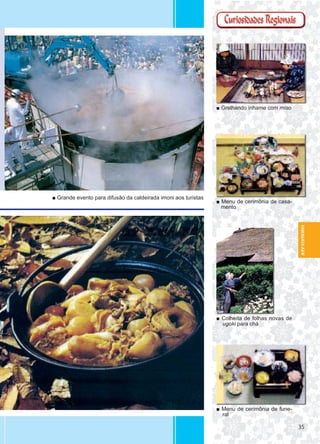 3535
YAMAGATA-KEN
■ Grande evento para difusão da caldeirada imoni aos turistas
■ Grelhando inhame com miso
■ Menu de cerimônia de fune-
ral
■ Colheita de folhas novas de
ugoki para chá
■ Menu de cerimônia de casa-
mento
 