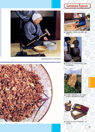 3939
FUKUSHIMA-KEN
■ Fazendo chinelo de palha de
arroz
■ preparando o uchimame
■ Protetor plantacao de verdu-
ra feito de palha de arroz
■ Almoço para trabalho no
campo
■ O arroz é armazenado num
komebitsu
 