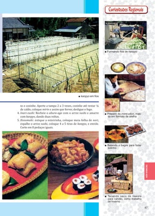 4747
TOCHIGUI-KEN
■ Formando ﬁos de kanpyo
■ Tecendo saco de tawara
para carvão, como trabalho
de inverno
■ Batendo o bagre para fazer
bolinho
■ Preparo do mimi-udon, mas-
sa em formato de orelha
ta e cozinhe. Aperte a tampa 2 a 3 vezes, cozinhe até restar ¼
de caldo, coloque mirin e assim que ferver, desligue o fogo.
4. Inari-zushi: Recheie o abura-age com o arroz sushi e amarre
com kanpyo, dando duas voltas.
5. Hosomaki: estique a esteirinha, coloque meia folha de nori,
espalhe o arroz sushi, coloque 4 a 5 tiras de kanpyo, e enrole.
Corte em 8 pedaços iguais.
■ kanpyo em ﬁos
 
