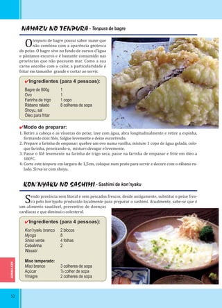GUNMA-KEN
52
NAMAZU NO TENPURA - Tenpura de bagre
Otenpura de bagre possui sabor suave que
não combina com a aparência grotesca
do peixe. O bagre vive no fundo de cursos d’água
e pântanos escuros e é bastante consumido nas
províncias que não possuem mar. Como a sua
carne encolhe com o calor, a particularidade é
fritar em tamanho grande e cortar ao servir.
✔Ingredientes (para 4 pessoas):
Bagre de 800g 1
Ovo 1
Farinha de trigo 1 copo
Rábano ralado 8 colheres de sopa
Shoyu, sal
Óleo para fritar
✔Modo de preparar:
1. Retire a cabeça e as vísceras do peixe, lave com água, abra longitudinalmente e retire a espinha,
formando dois ilés. Salgue levemente e deixe escorrendo.
2. Prepare a farinha de empanar: quebre um ovo numa vasilha, misture 1 copo de água gelada, colo-
que farinha, peneirando-o, misture devagar e levemente.
3. Passe o ilé levemente na farinha de trigo seca, passe na farinha de empanar e frite em óleo a
180ºC.
4. Corte este tenpura em largura de 1,5cm, coloque num prato para servir e decore com o rábano ra-
lado. Sirva-se com shoyu.
KON’NYAKU NO SASHIMI - Sashimi de kon’nyaku
Sendo província sem litoral e sem pescados frescos, desde antigamente, substitui o peixe fres-
co pelo kon’nyaku produzido localmente para preparar o sashimi. Atualmente, sabe-se que é
um alimento saudável, preventivo de doenças
cardíacas e que diminui o colesterol.
✔Ingredientes (para 4 pessoas):
Kon’nyaku branco 2 blocos
Myoga 8
Shiso verde 4 folhas
Cebolinha 2
Wasabi
Miso temperado:
Miso branco 3 colheres de sopa
Açúcar ½ colher de sopa
Vinagre 2 colheres de sopa
 