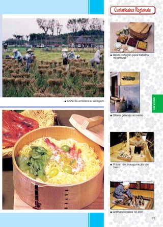 7171
■ Corte da arrozeira e secagem
■ Bento, refeição para trabalho
no arrozal
■ Olhete gelando ao vento
■ Ritual de inauguração de
barco
■ Grelhando peixe no irori
NIIGATA-KEN
 