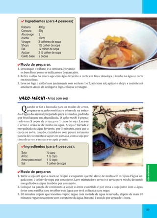 8989
✔Ingredientes (para 4 pessoas):
Rábano 400g
Cenoura 50g
Abura-age 2
Konbu 10cm
Vinagre 3 colheres de sopa
Shoyu 1½ colher de sopa
Sal ¼ colher de sopa
Açúcar 2 ½ colher de sopa
Caldo base 2 copos
✔Modo de preparar:
1. Descasque o rábano e a cenoura, cortando-
os bem inos como se utilizasse o descascador.
2. Retire o óleo do abura-age com água fervente e corte em tiras. Amoleça o konbu na água e corte
em tiras inas.
3. Leve ao fogo o caldo base juntamente com os itens 1 e 2, adicione sal, açúcar e shoyu e cozinhe até
amolecer. Antes de desligar o fogo, coloque o vinagre.
YAKO-MESHI - Arroz com soja
Quando se faz a bancada para as mudas de arroz,
prepara-se o yako-meshi para oferenda na entra-
da d’água do arrozal preparada para as mudas, pedindo
que fruti iquem em abundância. O yako-meshi é prepa-
rado com 5 copos de arroz para 1 copo de soja. Lava-se
o arroz e deixa-se de molho na água. A soja é torrada e
mergulhada na água fervente, por 3 minutos, para que a
casca se solte. Lavado, cozinha-se com pouco sal numa
panela de cozimento a vapor em camada, com a soja por
cima do arroz, e mistura-se após pronto.
✔Ingredientes (para 4 pessoas):
Soja ½ copo
Arroz 1 ½ copo
Arroz para mochi 1 ½ copo
Sal 1 colher de sopa
✔Modo de preparar:
1. Torre a soja até que a casca se rasgue e enquanto quente, deixe de molho em 4 copos d’água sal-
gada com 1 colher de sopa por uma noite. Lave misturado o arroz e o arroz para mochi, deixando
mergulhado na água também por uma noite.
2. Coloque na panela de cozimento a vapor o arroz escorrido e por cima a soja junto com a água,
deixe uma vasilha para recolher esta água que será utilizada para regar.
3. 20 minutos depois que levantou vapor, regue com metade da água reservada, depois de mais 20
minutos regue novamente com o restante da água. No total é cozido por cerca de 1 hora.
YAMANASHI-KEN
 