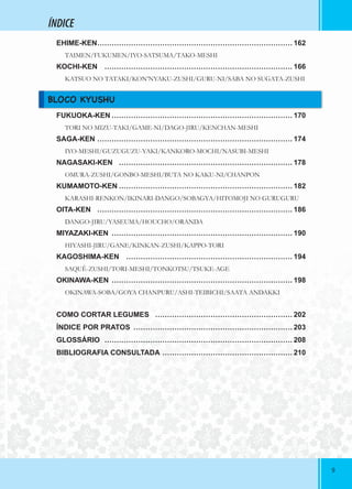 99
ÍNDICE
BLOCO KYUSHU
FUKUOKA-KEN ………………………………………………………………… 170
TORI NO MIZU-TAKI/GAME-NI/DAGO-JIRU/KENCHAN-MESHI
SAGA-KEN ……………………………………………………………………… 174
IYO-MESHI/GUZUGUZU-YAKI/KANKORO-MOCHI/NASUBI-MESHI
NAGASAKI-KEN ……………………………………………………………… 178
OMURA-ZUSHI/GONBO-MESHI/BUTA NO KAKU-NI/CHANPON
KUMAMOTO-KEN ……………………………………………………………… 182
KARASHI-RENKON/IKINARI-DANGO/SOBAGYA/HITOMOJI NO GURUGURU
OITA-KEN ……………………………………………………………………… 186
DANGO-JIRU/YASEUMA/HOUCHO/ORANDA
MIYAZAKI-KEN ………………………………………………………………… 190
HIYASHI-JIRU/GANE/KINKAN-ZUSHI/KAPPO-TORI
KAGOSHIMA-KEN …………………………………………………………… 194
SAQUÊ-ZUSHI/TORI-MESHI/TONKOTSU/TSUKE-AGE
OKINAWA-KEN ………………………………………………………………… 198
OKINAWA-SOBA/GOYA CHANPURU/ASHI-TEIBICHI/SAATA ANDAKKI
COMO CORTAR LEGUMES ………………………………………………… 202
ÍNDICE POR PRATOS ………………………………………………………… 203
GLOSSÁRIO …………………………………………………………………… 208
BIBLIOGRAFIA CONSULTADA ……………………………………………… 210
EHIME-KEN……………………………………………………………………… 162
TAIMEN/FUKUMEN/IYO-SATSUMA/TAKO-MESHI
KOCHI-KEN …………………………………………………………………… 166
KATSUO NO TATAKI/KON’NYAKU-ZUSHI/GURU-NI/SABA NO SUGATA-ZUSHI
 