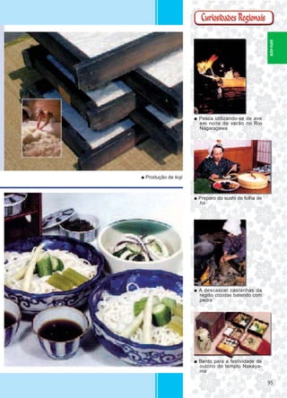9595
■ Pesca utilizando-se de ave
em noite de verão no Rio
Nagaragawa
■ Preparo do sushi de folha de
ho
■ A descascar castanhas da
região cozidas batendo com
pedra
■ Bento para a festividade de
outono do templo Nakaya-
ma
■ Produção de koji
GIFU-KEN
 