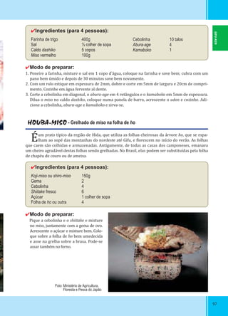 9797
HOUBA-MISO - Grelhado de miso na folha de ho
Éum prato típico da região de Hida, que utiliza as folhas cheirosas da árvore ho, que se espa-
lham ao sopé das montanhas do nordeste até Gifu, e lorescem no início do verão. As folhas
que caem são colhidas e armazenadas. Antigamente, de todas as casas dos camponeses, emanava
um cheiro agradável destas folhas sendo grelhadas. No Brasil, elas podem ser substituídas pela folha
de chapéu de couro ou de ameixa.
✔Ingredientes (para 4 pessoas):
Koji-miso ou shiro-miso 150g
Gema 2
Cebolinha 4
Shiitake fresco 6
Açúcar 1 colher de sopa
Folha de ho ou outra 4
✔Modo de preparar:
Pique a cebolinha e o shiitake e misture
no miso, juntamente com a gema de ovo.
Acrescente o açúcar e misture bem. Colo-
que sobre a folha de ho bem umedecida
e asse na grelha sobre a brasa. Pode-se
assar também no forno.
✔Ingredientes (para 4 pessoas):
Farinha de trigo 400g
Sal ½ colher de sopa
Caldo dashiko 5 copos
Miso vermelho 100g
✔Modo de preparar:
1. Peneire a farinha, misture o sal em 1 copo d’água, coloque na farinha e sove bem; cubra com um
pano bem úmido e depois de 30 minutos sove bem novamente.
2. Com um rolo estique em espessura de 2mm, dobre e corte em 5mm de largura e 20cm de compri-
mento. Cozinhe em água fervente al dente.
3. Corte a cebolinha em diagonal, o abura-age em 4 retângulos e o kamaboko em 5mm de espessura.
Dilua o miso no caldo dashiko, coloque numa panela de barro, acrescente o udon e cozinhe. Adi-
cione a cebolinha, abura-age e kamaboko e sirva-se.
Cebolinha 10 talos
Abura-age 4
Kamaboko 1
Foto: Ministério de Agricultura,
Floresta e Pesca do Japão
GIFU-KEN
 