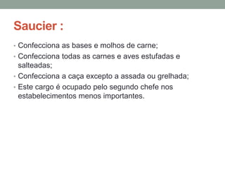 Saucier :
• Confecciona as bases e molhos de carne;
• Confecciona todas as carnes e aves estufadas e
salteadas;
• Confecciona a caça excepto a assada ou grelhada;
• Este cargo é ocupado pelo segundo chefe nos
estabelecimentos menos importantes.
 
