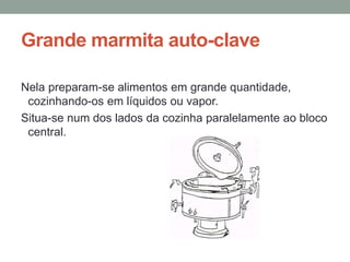 Grande marmita auto-clave
Nela preparam-se alimentos em grande quantidade,
cozinhando-os em líquidos ou vapor.
Situa-se num dos lados da cozinha paralelamente ao bloco
central.
 