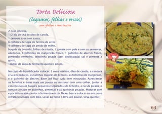 Torta Deliciosa
(legumes, folhas e ervas)
2 ovos inteiros,
1/2 xíc de chá de óleo de canola,
1 cenoura crua sem casca,
6 colheres de sopa de farinha de arroz,
4 colheres de sopa de amido de milho,
buquês de brocólis, folhas de rúcula, 1 tomate sem pele e sem as sementes,
azeitonas, 4 folhinhas de manjericão fresco, 1 galhinho de alecrim fresco,
pimentão vermelho, cebolinha picada (usei desidratada) sal e pimenta a
gosto,
1colher de sopa de fermento químico em pó.
No copo do liquidificador colocar: 2 ovos inteiros, óleo de canola, a cenoura
crua em pedaços, os talinhos maiores do brócolis, as folhinhas de manjericão,
e o galhinho de alecrim. Bater até ficar tudo bem misturado. Acrescentar
as farinhas e bater mais um pouco ou misturar com uma colher. Juntar a
essa mistura os buquês pequenos (separados) do brócolis, a rúcula picada, o
tomate cortado em cubinhos, pimentão e as azeitonas picadas. Misturar bem
e por último acrescentar o fermento em pó. Mexer bem e colocar em um prato
refratário untado com óleo. Levar ao forno 180ºC até dourar. Sirva quente!
63
sem glúten e sem lactose
 