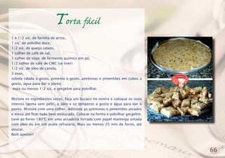 Torta fácil
1 e 1/2 xíc. de farinha de arroz,
1 xíc. de polvilho doce,
1/2 xíc. de queijo ralado,
1 colher de café de sal,
1 colher de sopa de fermento químico em pó,
1/2 colher de café de CMC (se tiver)
1/2 xíc. de óleo de canola,
3 ovos,
cebola ralada a gosto, pimenta a gosto, azeitonas e pimentões em cubos a
gosto, água para dar o ponto
mais ou menos 1/2 xíc. e gergelim para polvilhar.
Misture os ingredientes secos, faça um buraco no centro e coloque os ovos
inteiros (gema sem pele), o óleo e os temperos a gosto e água para dar o
ponto. Misture com uma colher. Adicione as azeitonas e pimentões picados
e mexa até ficar tudo bem misturado. Colocar na forma e polvilhar gergelim.
Leve ao forno 180ºC em uma assadeira forrada com papel manteiga untada
com óleo ou em um prato refratário. Mais ou menos 25 min de forno, até
dourar.
Bom apetite!!
66
 
