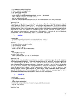 1/2 kg de farinha de trigo peneirada
1/2 xícara (chá) de manteiga fresca
1/4 de xícara (chá) de azeite
3/4 de xícara (chá) de açúcar
1 colher (sopa) com erva-doce seca e málabe socados e peneirados
1 colher (café) de sementes inteiras de báraque
1 copo de leite morno fervido
1 tablete de fermento desmanchado num pouco de leite morno com uma pitada de açúcar

Modo de Fazer
Misture todos os ingredientes e amasse bem, até formar bolhas de ar. Tome pequenas porções da
massa, abra com as mãos e aperte contra a parte externa de um escorredor de macarrão. Observe
que o relevo formado fique bem saliente em um dos lados da broa. Forre o mármore com um pano,
coloque as broas, cubra com uma folha de celofane e, por cima de tudo, coloque um cobertor de lã.
Depois de 12 horas, leve as broas ao forno bem quente. Quando estiverem douradas, diminua o
fogo. Conserve-as abafadas num caldeirão, até a hora de servir. Finalmente, ao servir, umedeça as
broas no leite, unte-as com manteiga fresca e pulverize-as com açúcar.

     77      BURMA

Ingredientes
1 kg de massa pronta para burma (vendida em empórios árabes)

Recheio:
1/2 kg de amêndoas sem pele moídas
1/4 de kg de nozes picadas
1/4 xícara (chá) de açúcar
1 colher (chá) de água de flor de laranjeira

Calda:
4 xícaras (chá) de açúcar
sumo de 1/4 de limão
1 colher (sobremesa) de água de flor de laranjeira

Modo de Fazer
Faça o recheio misturando bem as amêndoas, as nozes, o açúcar e a água de flor de laranjeira.
Depois, estenda a massa sobre o mármore, espalhe o recheio no sentido do comprimento e enrole-
a no sentido diagonal, da direita para a esquerda. Faça vários enrolados dessa forma. A seguir,
unte uma assadeira redonda com manteiga e disponha os enrolados a partir do centro, um ao lado
do outro. Cubra os enrolados com manteiga derretida e leve-os ao forno brando, por 1/2 hora, até
dourar. Enquanto isso, prepare a calda engrossando o açúcar em 1/2 litro de água, em fogo
brando, juntando o limão quando estiver em ponto de fio. Assim que a calda esfriar, adicione a
água de flor de laranjeira. Finalmente, quando os enrolados estiverem assados, regue-os com a
calda fria e corte-os em pedaços de mais ou menos 6 cm de comprimento.

     78      CHEBIETE

Ingredientes
1/2 kg de farinha de trigo
1 ovo
1 colher (sopa) de manteiga
1/2 tablete de fermento desmanchado em um pouco de água e açúcar
1 copo de água filtrada

Modo de Fazer




                                                                                              31
 