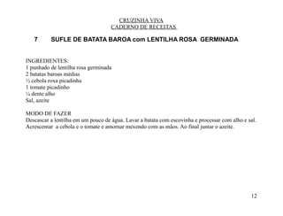 CRUZINHA VIVA
                                    CADERNO DE RECEITAS

   7      SUFLE DE BATATA BAROA com LENTILHA ROSA GERMINADA


INGREDIENTES:
1 punhado de lentilha rosa germinada
2 batatas baroas médias
½ cebola roxa picadinha
1 tomate picadinho
¼ dente alho
Sal, azeite

MODO DE FAZER
Descascar a lentilha em um pouco de água. Lavar a batata com escovinha e processar com alho e sal.
Acrescentar a cebola e o tomate e amornar mexendo com as mãos. Ao final juntar o azeite.




                                                                                               12
 