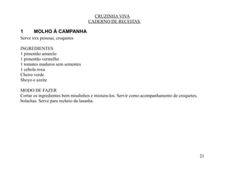 CRUZINHA VIVA
                                   CADERNO DE RECEITAS

1      MOLHO À CAMPANHA
Serve xxx pessoas, croquetes

INGREDIENTES
1 pimentão amarelo
1 pimentão vermelho
1 tomates maduros sem sementes
1 cebola roxa
Cheiro verde
Shoyo e azeite

MODO DE FAZER
Cortar os ingredientes bem miudinhos e mistura-los. Servir como acompanhamento de croquetes,
bolachas. Serve para recheio da lasanha.




                                                                                               21
 