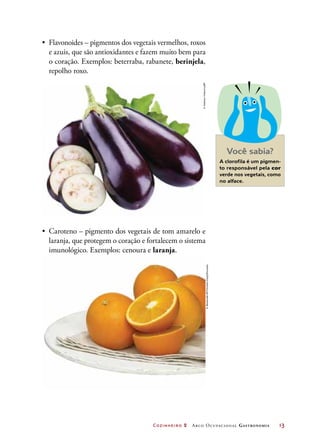 Cozinheiro 2 Arco Ocupacional Gastronomia	 13
•	 Flavonoides – pigmentos dos vegetais vermelhos, roxos
e azuis, que são antioxidantes e fazem muito bem para
o coração. Exemplos: beterraba, rabanete, berinjela,
repolho roxo.
•	 Caroteno – pigmento dos vegetais de tom amarelo e
laranja, que protegem o coração e fortalecem o sistema
imunológico. Exemplos: cenoura e laranja.
Você sabia?
A clorofila é um pigmen-
to responsável pela cor
verde nos vegetais, como
no alface.
©ValentynVolkov/123RF
©Westend61RF/ChristianKargl/Diomedia
 