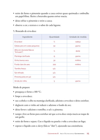 Cozinheiro 2 Arco Ocupacional Gastronomia	 25
•	 retire do forno o pimentão quando a casca estiver quase queimada e embrulhe
em papel-filme. Retire a beterraba quanto estiver macia;
•	 deixe esfriar o pimentão e retire a casca;
•	 observe a cor, a textura e o sabor de cada legume.
5. Braseado de erva-doce
Ingrediente Quantidade Unidade de medida
Erva-doce ½ cabeça
Cebola pera em cubos pequenos 50 grama
Alho em brunoise (fala-se
“brinuase”)
¼ dente
Manteiga clarificada 15 grama
Vinho branco seco 30 mililitro
Fundo claro de aves 200 mililitro
Tomilho fresco q.b.
Sal refinado q.b.
Pimenta-preta em pó q.b.
Amido de milho 5 grama
Modo de preparo:
•	 preaqueça o forno a 180 °C;
•	 limpe a erva-doce;
•	 sue a cebola e o alho na manteiga clarificada, adicione a erva-doce e deixe cozinhar;
•	 deglaceie com o vinho até reduzir e adicione o fundo de ave;
•	 deixe ferver e adicione o tomilho, o sal e a pimenta;
•	 tampe e leve ao forno para cozinhar até que a erva-doce esteja macia ao toque de
um garfo;
•	 retire do forno e separe. Coe o líquido na panela e volte a erva-doce ao fogo;
•	 espesse o líquido com o slurry (fala-se “slãri”), ajustando sua consistência;
 