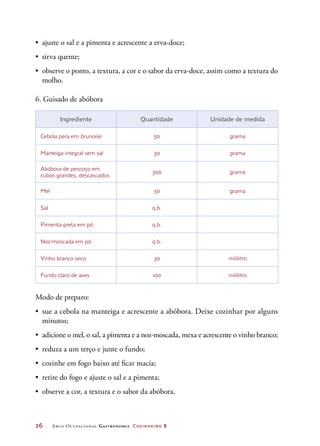 26	 Arco Ocupacional Gastronomia Cozinheiro 2
•	 ajuste o sal e a pimenta e acrescente a erva-doce;
•	 sirva quente;
•	 observe o ponto, a textura, a cor e o sabor da erva-doce, assim como a textura do
molho.
6. Guisado de abóbora
Ingrediente Quantidade Unidade de medida
Cebola pera em brunoise 50 grama
Manteiga integral sem sal 30 grama
Abóbora de pescoço em
cubos grandes, descascados
300 grama
Mel 30 grama
Sal q.b.
Pimenta-preta em pó q.b.
Noz-moscada em pó q.b.
Vinho branco seco 30 mililitro
Fundo claro de aves 100 mililitro
Modo de preparo:
•	 sue a cebola na manteiga e acrescente a abóbora. Deixe cozinhar por alguns
minutos;
•	 adicione o mel, o sal, a pimenta e a noz-moscada, mexa e acrescente o vinho branco;
•	 reduza a um terço e junte o fundo;
•	 cozinhe em fogo baixo até ficar macia;
•	 retire do fogo e ajuste o sal e a pimenta;
•	 observe a cor, a textura e o sabor da abóbora.
 