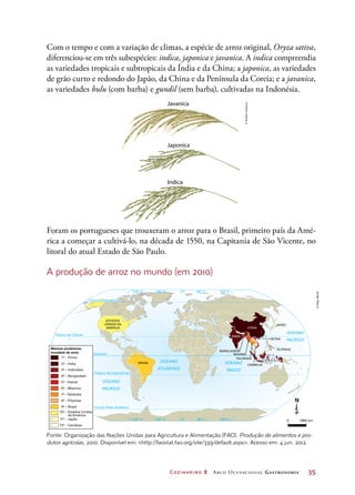 Cozinheiro 2 Arco Ocupacional Gastronomia	 35
Com o tempo e com a variação de climas, a espécie de arroz original, Oryza sativa,
diferenciou-se em três subespécies: indica, japonica e javanica. A indica compreendia
as variedades tropicais e subtropicais da Índia e da China; a japonica, as variedades
de grão curto e redondo do Japão, da China e da Península da Coreia; e a javanica,
as variedades bulu (com barba) e gundil (sem barba), cultivadas na Indonésia.
Foram os portugueses que trouxeram o arroz para o Brasil, primeiro país da Amé-
rica a começar a cultivá-lo, na década de 1550, na Capitania de São Vicente, no
litoral do atual Estado de São Paulo.
A produção de arroz no mundo (em 2010)
Javanica
Japonica
Indica
Equador
Trópico de Câncer
Trópico de Capricórnio
Círculo Polar Ártico
Círculo Polar Antártico
OCEANO
ATLÂNTICO
OCEANO
PACÍFICO
OCEANO
PACÍFICO
OCEANO
ÍNDICO
0º 60º L 120º L120º O 60º O
0º 60º L 120º L120º O 60º O
BRASIL
CHINA
ÍNDIA
I N D O N É S I A
TAILÂNDIA
MIANMA
BANGLADESH
FILIPINAS
JAPÃO
VIETNÃ
CAMBOJA
ESTADOS
UNIDOS DA
AMÉRICA
1º- – China
2º- – Índia
3º- – Indonésia
4º- – Bangladesh
5º- – Vietnã
6º- – Mianma
7º- –Tailândia
8º- – Filipinas
9º- – Brasil
10º- – Estados Unidos
da América
11º- – Japão
12º- – Camboja
Maiores produtores
mundiais de arroz
0 2862 km
CZN_C2_067_P9.pdf 1 5/31/12 10:42 AM
©HudsonCalasans
©MapsWorld
Fonte: Organização das Nações Unidas para Agricultura e Alimentação (FAO). Produção de alimentos e pro-
dutos agrícolas, 2010. Disponível em: http://faostat.fao.org/site/339/default.aspx. Acesso em: 4 jun. 2012.
 