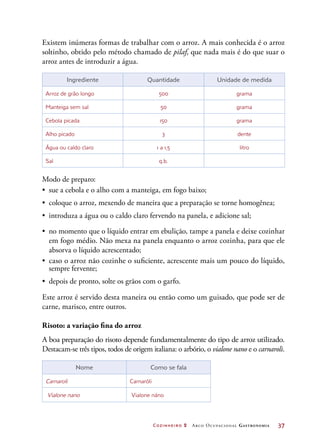 Cozinheiro 2 Arco Ocupacional Gastronomia	 37
Existem inúmeras formas de trabalhar com o arroz. A mais conhecida é o arroz
soltinho, obtido pelo método chamado de pilaf, que nada mais é do que suar o
arroz antes de introduzir a água.
Ingrediente Quantidade Unidade de medida
Arroz de grão longo 500 grama
Manteiga sem sal 50 grama
Cebola picada 150 grama
Alho picado 3 dente
Água ou caldo claro 1 a 1,5 litro
Sal q.b.
Modo de preparo:
•	 sue a cebola e o alho com a manteiga, em fogo baixo;
•	 coloque o arroz, mexendo de maneira que a preparação se torne homogênea;
•	 introduza a água ou o caldo claro fervendo na panela, e adicione sal;
•	 no momento que o líquido entrar em ebulição, tampe a panela e deixe cozinhar
em fogo médio. Não mexa na panela enquanto o arroz cozinha, para que ele
absorva o líquido acrescentado;
•	 caso o arroz não cozinhe o suficiente, acrescente mais um pouco do líquido,
sempre fervente;
•	 depois de pronto, solte os grãos com o garfo.
Este arroz é servido desta maneira ou então como um guisado, que pode ser de
carne, marisco, entre outros.
Risoto: a variação fina do arroz
A boa preparação do risoto depende fundamentalmente do tipo de arroz utilizado.
Destacam-se três tipos, todos de origem italiana: o arbório, o vialone nano e o carnaroli.
Nome Como se fala
Carnaroli Carnaróli
Vialone nano Vialone náno
 