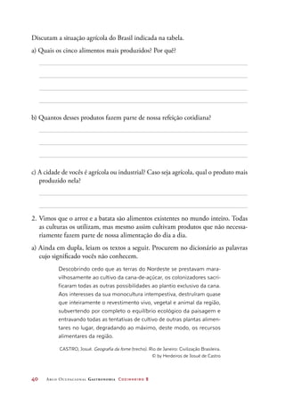 40	 Arco Ocupacional Gastronomia Cozinheiro 2
Discutam a situação agrícola do Brasil indicada na tabela.
a) Quais os cinco alimentos mais produzidos? Por quê?
b) Quantos desses produtos fazem parte de nossa refeição cotidiana?
c) A cidade de vocês é agrícola ou industrial? Caso seja agrícola, qual o produto mais
produzido nela?
2.	Vimos que o arroz e a batata são alimentos existentes no mundo inteiro. Todas
as culturas os utilizam, mas mesmo assim cultivam produtos que não necessa-
riamente fazem parte de nossa alimentação do dia a dia.
a) Ainda em dupla, leiam os textos a seguir. Procurem no dicionário as palavras
cujo significado vocês não conhecem.
Descobrindo cedo que as terras do Nordeste se prestavam mara-
vilhosamente ao cultivo da cana-de-açúcar, os colonizadores sacri-
ficaram todas as outras possibilidades ao plantio exclusivo da cana.
Aos interesses da sua monocultura intempestiva, destruíram quase
que inteiramente o revestimento vivo, vegetal e animal da região,
subvertendo por completo o equilíbrio ecológico da paisagem e
entravando todas as tentativas de cultivo de outras plantas alimen-
tares no lugar, degradando ao máximo, deste modo, os recursos
alimentares da região.
CASTRO, Josué. Geografia da fome (trecho). Rio de Janeiro: Civilização Brasileira.
© by Herdeiros de Josué de Castro
 
