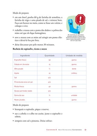 Cozinheiro 2 Arco Ocupacional Gastronomia	 51
Modo de preparo:
•	 em um bowl, ponha 60 g de farinha de semolina, a
farinha de trigo e uma pitada de sal, e misture bem.
Faça um buraco no meio, como se fosse um vulcão, e
coloque o ovo;
•	 trabalhe a massa com a ponta dos dedos e a palma das
mãos até que ela fique homogênea;
•	 sove a massa com as mãos até atingir um ponto elás-
tico e deixá-la lisa por fora;
•	 deixe descansar por pelo menos 30 minutos.
Recheio de espinafre, ricota e nozes
Ingrediente Quantidade Unidade de medida
Espinafre fresco 50 grama
Cebola em brunoise 15 grama
Alho picado ½ dente
Azeite 10 mililitro
Sal q.b.  
Pimenta-do-reino em pó q.b.
Ricota fresca 40 grama
Queijo parmesão ralado q.b.
Gema de ovo ½ unidade
Nozes picadas 15 grama
Modo de preparo:
•	 branqueie o espinafre, pique e reserve;
•	 sue a cebola e o alho no azeite, junte o espinafre e
salteie;
•	 tempere com sal e pimenta. Deixe esfriar;
No momento em que estiver
sovando, polvilhe o restante da
farinha de semolina (20 g) na mesa
para a massa não grudar na mesa
nem em suas mãos.
 