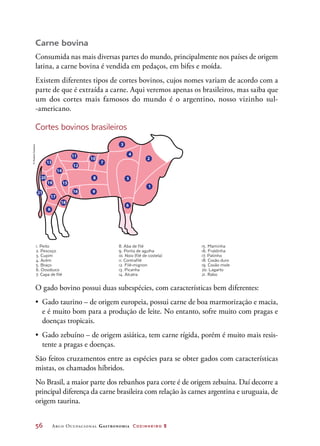 56	 Arco Ocupacional Gastronomia Cozinheiro 2
Carne bovina
Consumida nas mais diversas partes do mundo, principalmente nos países de origem
latina, a carne bovina é vendida em pedaços, em bifes e moída.
Existem diferentes tipos de cortes bovinos, cujos nomes variam de acordo com a
parte de que é extraída a carne. Aqui veremos apenas os brasileiros, mas saiba que
um dos cortes mais famosos do mundo é o argentino, nosso vizinho sul-
-americano.
Cortes bovinos brasileiros
O gado bovino possui duas subespécies, com características bem diferentes:
•	 Gado taurino – de origem europeia, possui carne de boa marmorização e macia,
e é muito bom para a produção de leite. No entanto, sofre muito com pragas e
doenças tropicais.
•	 Gado zebuíno – de origem asiática, tem carne rígida, porém é muito mais resis-
tente a pragas e doenças.
São feitos cruzamentos entre as espécies para se obter gados com características
mistas, os chamados híbridos.
No Brasil, a maior parte dos rebanhos para corte é de origem zebuína. Daí decorre a
principal diferença da carne brasileira com relação às carnes argentina e uruguaia, de
origem taurina.
2
1
5
4
3
916
15
8
12
11
10
713
19
17
18
14
6
6
20
21
1. Peito
2. Pescoço
3. Cupim
4. Acém
5. Braço
6. Ossobuco
7. Capa de filé
8. Aba de filé
9. Ponta de agulha
10. Noix (filé de costela)
11. Contrafilé
12. Filé-mignon
13. Picanha
14. Alcatra
15. Maminha
16. Fraldinha
17. Patinho
18. Coxão duro
19. Coxão mole
20. Lagarto
21. Rabo
©HudsonCalasans
 