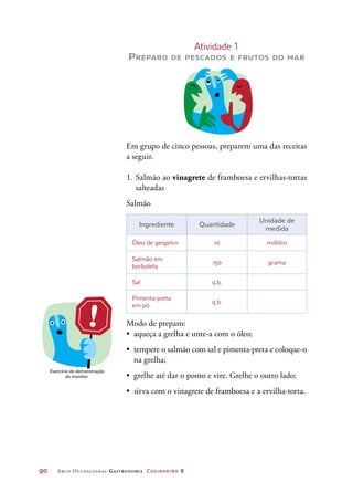 90	 Arco Ocupacional Gastronomia Cozinheiro 2
Atividade 1
Preparo de pescados e frutos do mar
Em grupo de cinco pessoas, preparem uma das receitas
a seguir.
1.	Salmão ao vinagrete de framboesa e ervilhas-tortas
salteadas
Salmão
Ingrediente Quantidade
Unidade de
medida
Óleo de gergelim 10 mililitro
Salmão em
borboleta
150 grama
Sal q.b.
Pimenta-preta
em pó
q.b.
Modo de preparo:
•	 aqueça a grelha e unte-a com o óleo;
•	 tempere o salmão com sal e pimenta-preta e coloque-o
na grelha;
•	 grelhe até dar o ponto e vire. Grelhe o outro lado;
•	 sirva com o vinagrete de framboesa e a ervilha-torta.
Exercício de demonstração
do monitor.
 